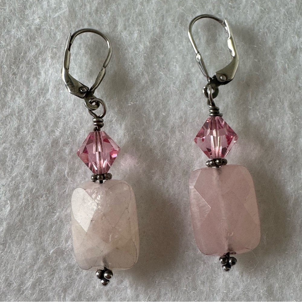 Hand Crafted 925 Sterling Silver Rose Quartz Pink Diamond Crystal Drop Earrings